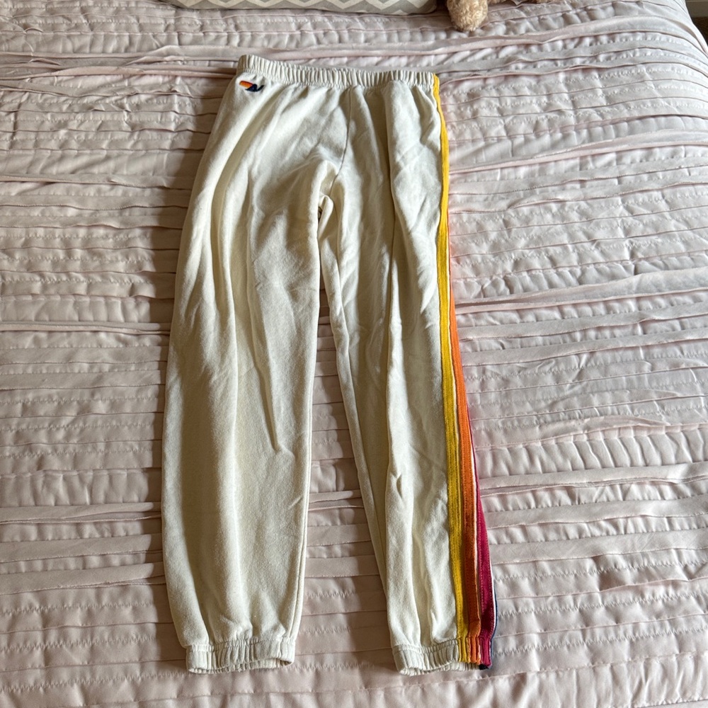 Aviator Nation Cream Pants with Rainbow Stripe